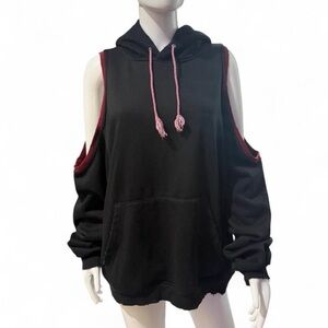 LF Black Cold Shoulder Hoodie | Cutout Sleeve Sweatshirt Pullover | Size: M